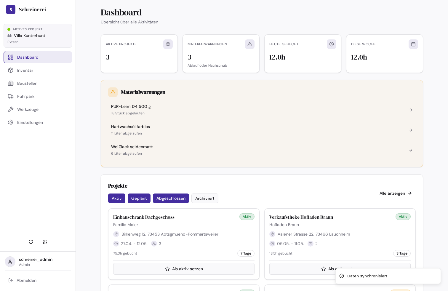 Desktop-Screenshot des Schreinerei-Dashboards