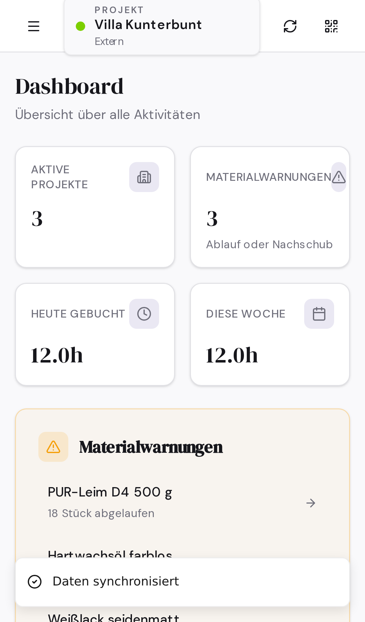 Mobiler Screenshot des Schreinerei-Dashboards