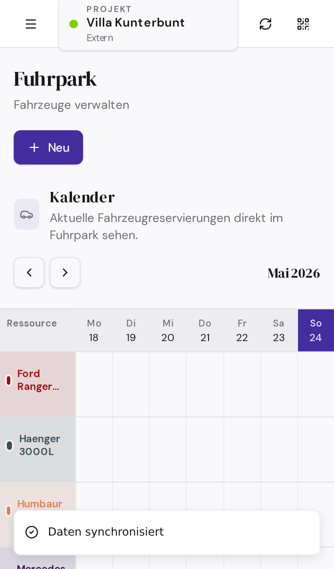 Mobiler Screenshot der Fuhrpark-Seite in Schreinerei