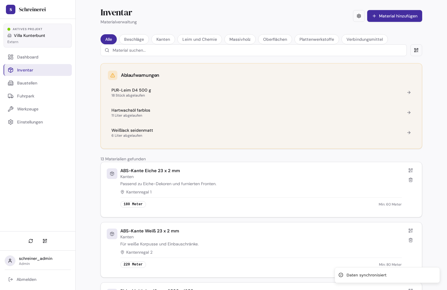 Desktop-Screenshot der Inventar-Seite in Schreinerei