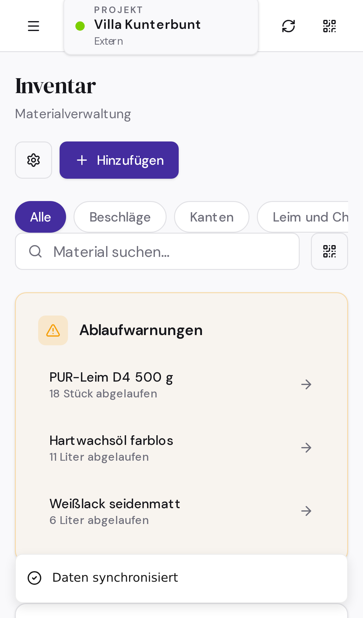 Mobiler Screenshot der Inventar-Seite in Schreinerei