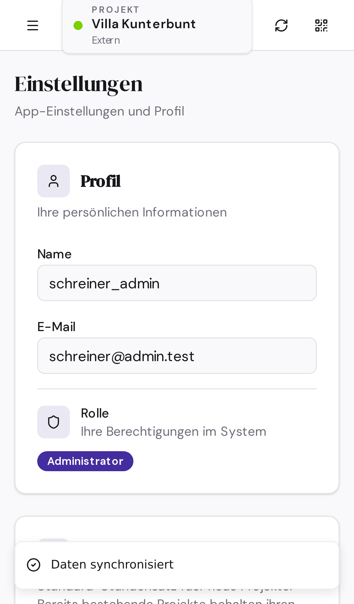 Mobiler Screenshot der Einstellungen-Seite in Schreinerei