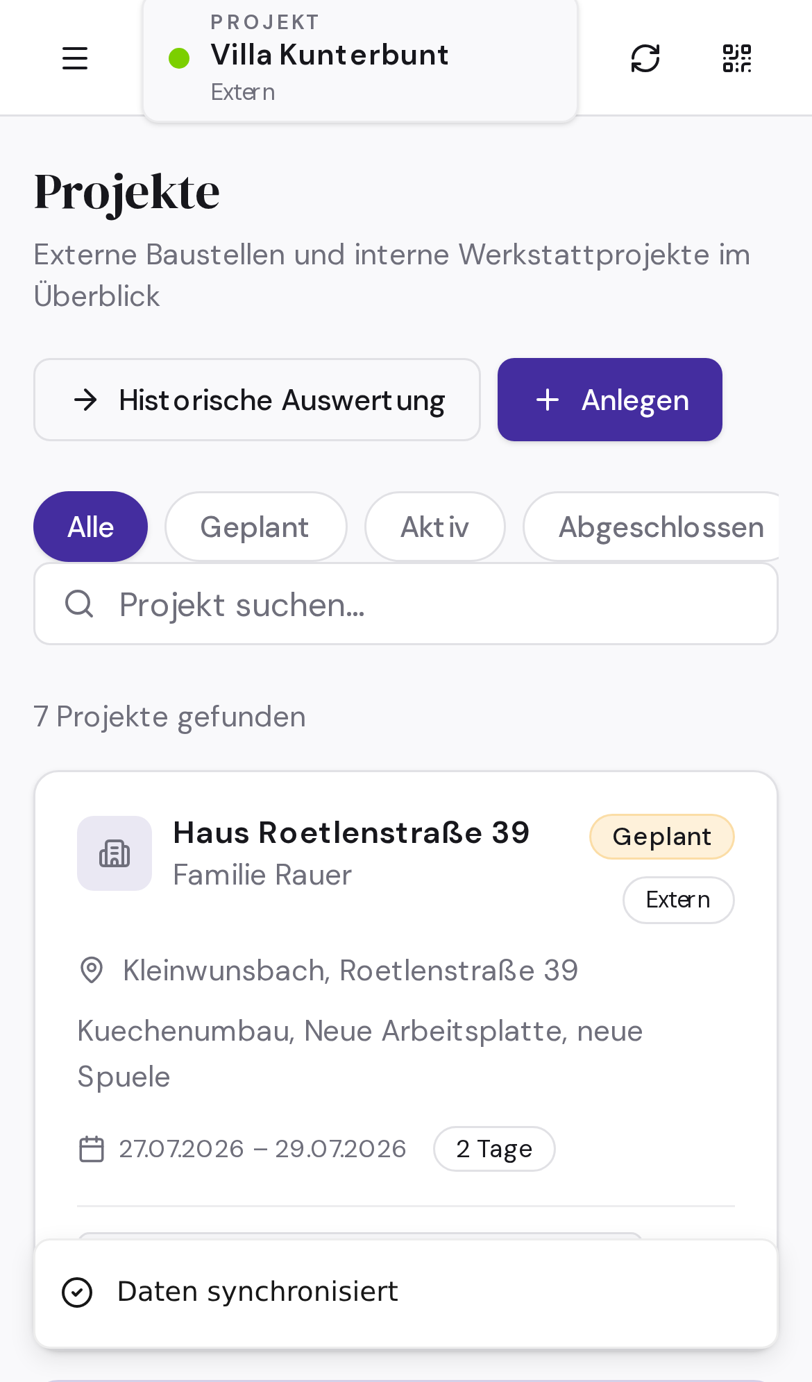 Mobiler Screenshot der Projekte-Seite in Schreinerei