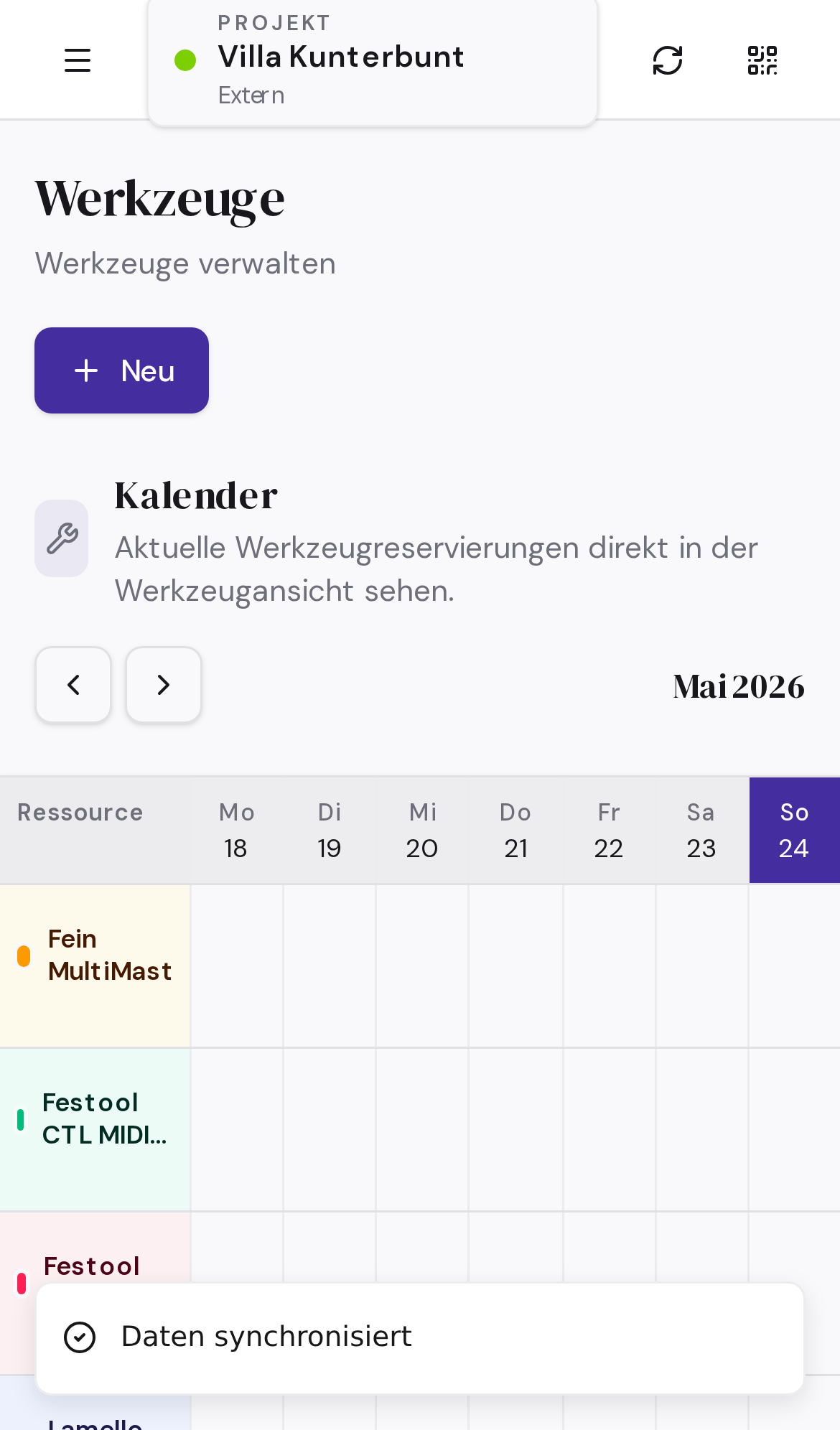 Mobiler Screenshot der Werkzeuge-Seite in Schreinerei
